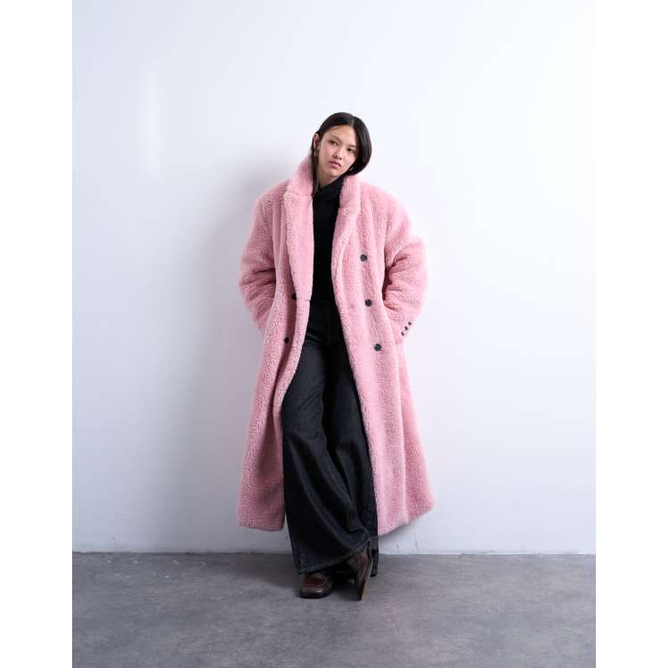 Topshop double breasted teddy longline coat in pink | ASOS