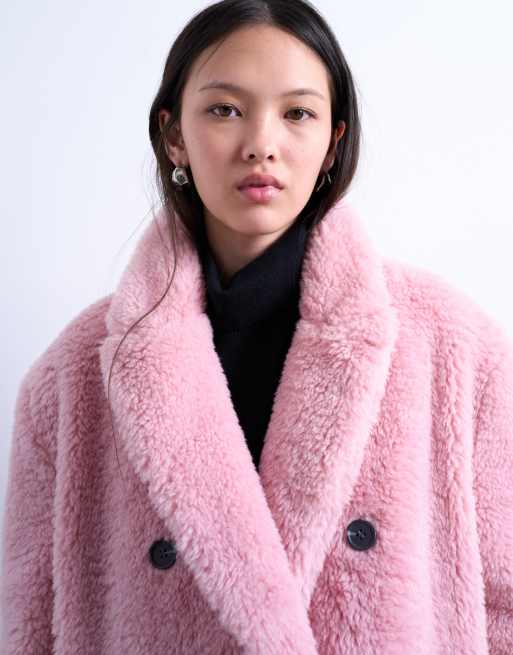 Topshop double breasted teddy longline coat in pink