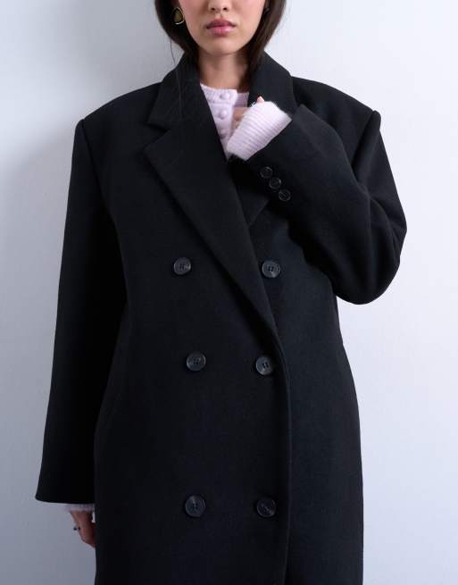 Topshop double breasted wool blend menswear-inspired overcoat in black