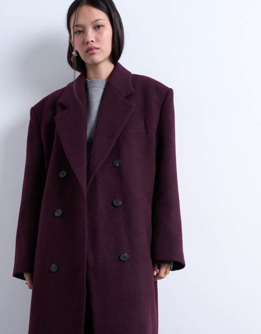 Topshop double breasted wool blend menswear inspired overcoat in eggplant