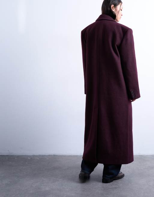 Topshop double breasted wool blend menswear inspired overcoat in eggplant
