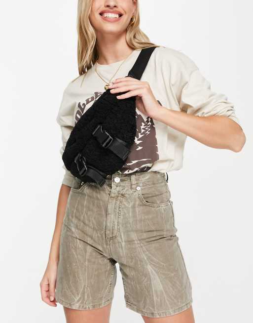 Topshop double buckle borg bum bag in black 