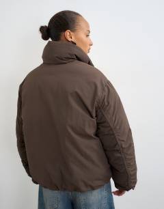Model wearing Double collar detail puffer jacket in brown