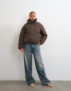 Model wearing Double collar detail puffer jacket in brown