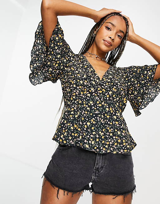  Shirts & Blouses/Topshop double frill sleeve tea top in floral black and yellow 