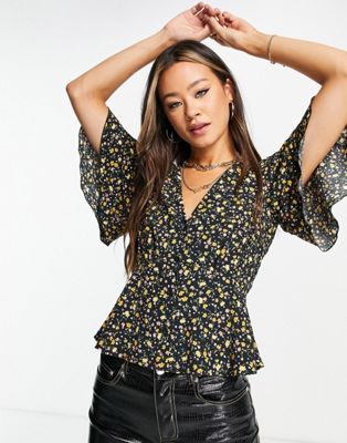 Topshop double frill sleeve tea top in floral black and yellow