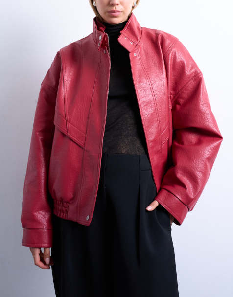 Topshop double fronted seam detail bomber in red - view 1