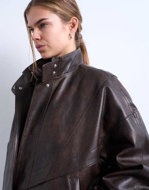 Topshop double fronted seam detailing bomber jacket in brown, 3 of 4