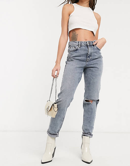 Topshop double knee rip mom jeans in smoke