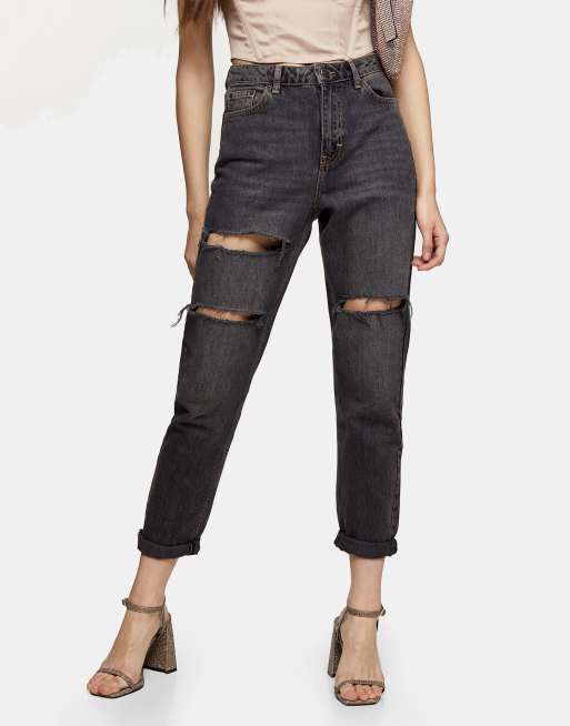 Topshop double knee rip mom jeans in washed black | ASOS