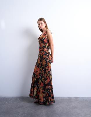 Topshop Double Layer Cowl Maxi Dress In Brown