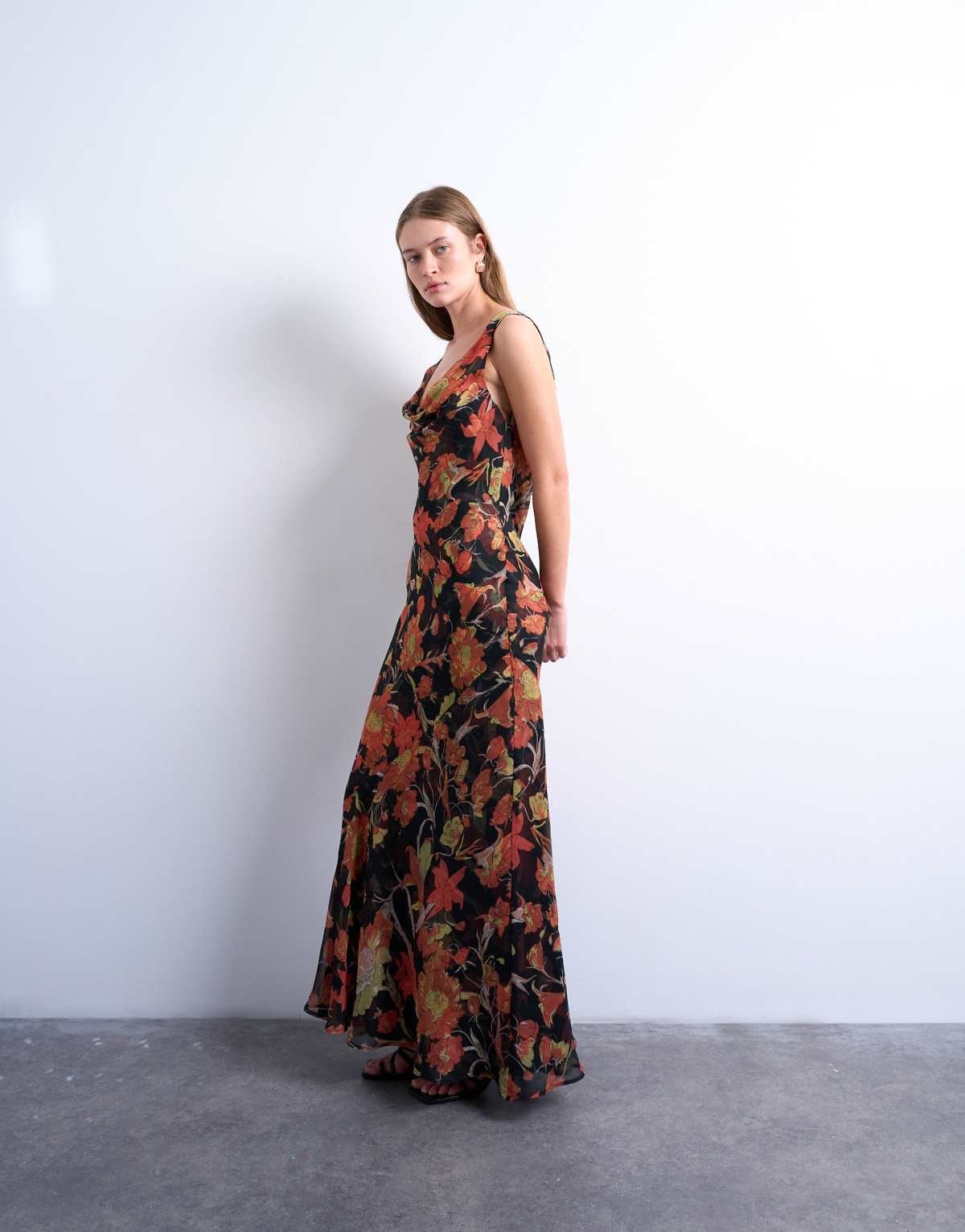 Topshop double layer cowl maxi dress in rust floral print