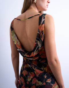 Model wearing Double layer cowl maxi dress in rust floral print