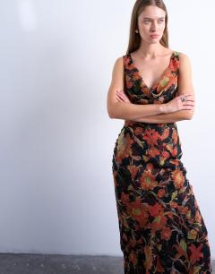 Model wearing Double layer cowl maxi dress in rust floral print
