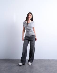 Model wearing Double layer cowl top in grey marl