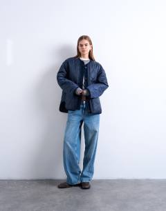 Model wearing Double layer fronted liner jacket in navy