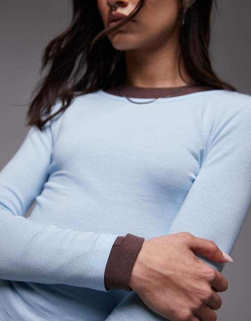 Topshop double layer jersey top in beige and blue
