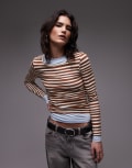 [Topshop] Topshop double layer jersey top in brown stripe M Brown