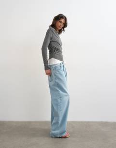 Model wearing Double layer long sleeve top in charcoal
