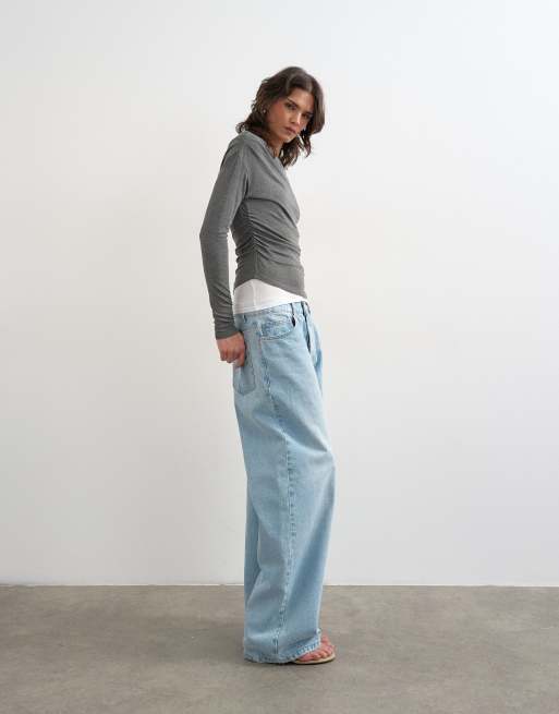 Topshop double layer long sleeve top in charcoal, 2 of 4