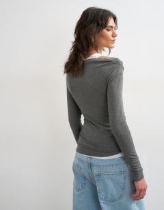 Model wearing Double layer long sleeve top in charcoal