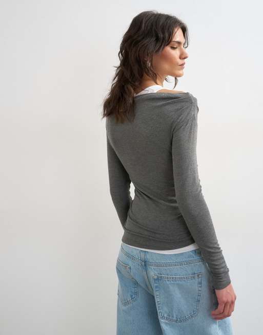 Topshop double layer long sleeve top in charcoal, 3 of 4