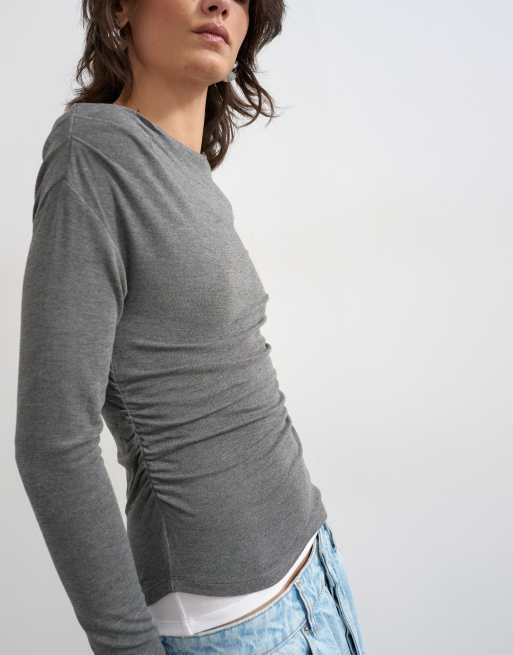 Topshop double layer long sleeve top in charcoal, 4 of 4