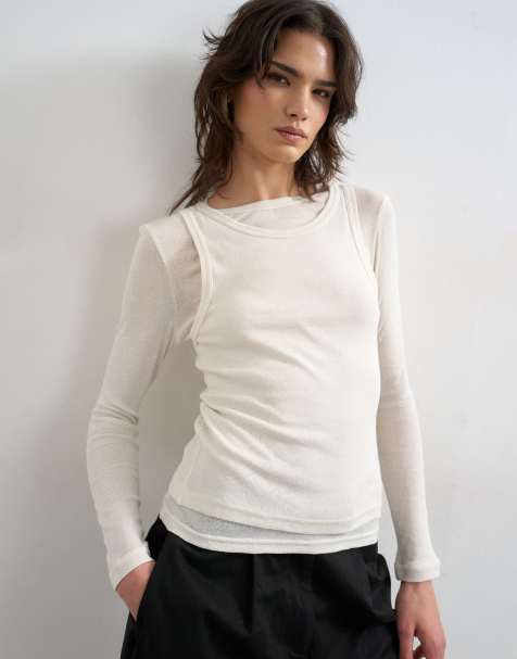 Topshop double layer long sleeve top in ecru - view 1