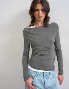 Double layer long sleeve top in grey marl