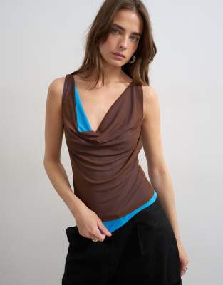 Topshop Double Layer Mesh Cowl Neck Top In Brown