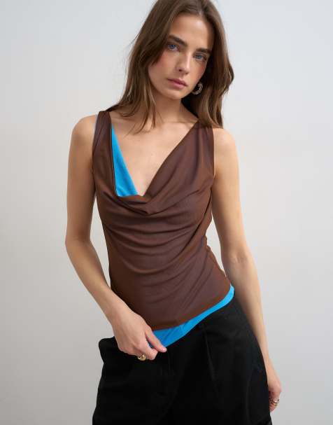 Topshop double layer mesh cowl neck top in blue and brown
