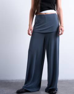 Model wearing Double layer mock skirt trousers in charcoal grey