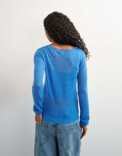 Topshop double layer sheer wool blend knit top in blue, 4 of 4