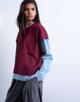 Topshop double layer skater tee in blue and burgundy-Brown