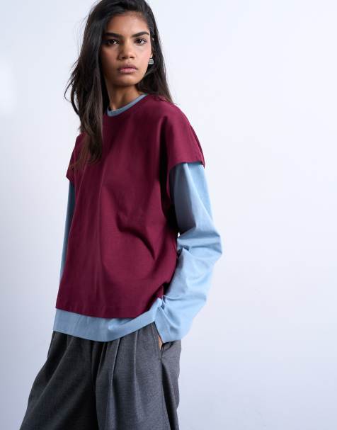 Topshop double layer skater tee in blue and burgundy - view 1
