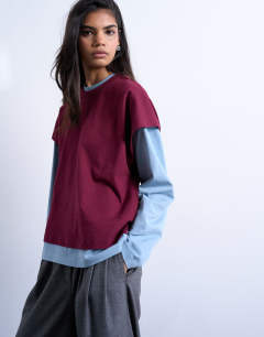 Double layer skater tee in blue and burgundy