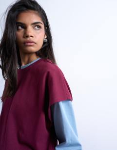 Model wearing Double layer skater tee in blue and burgundy