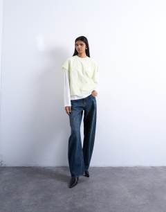 Model wearing Double layer skater tee in green and ecru