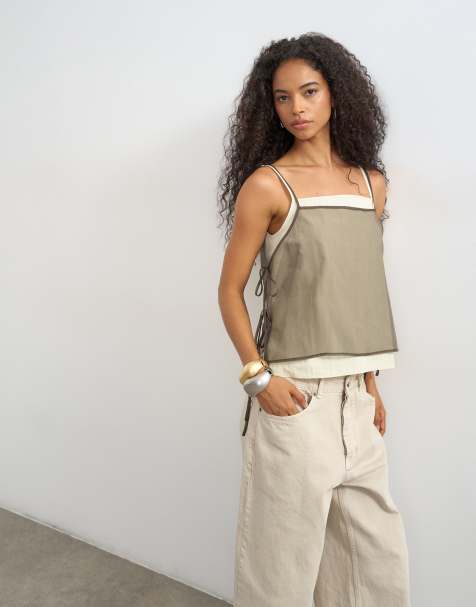 Topshop double layer tie side cami in brown - view 1