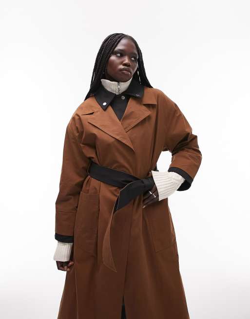 Topshop double layer trench coat in chocolate | ASOS