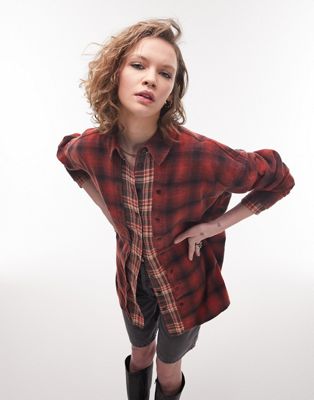 Topshop double layered check shirt in red