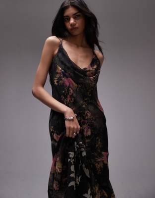 double layered maxi slip dress with flare hem in floral print-Multi