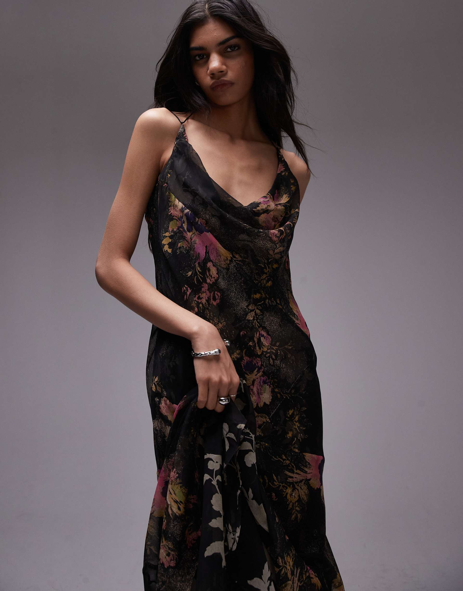 topshop double layered maxi slip dress with flare hem in floral print