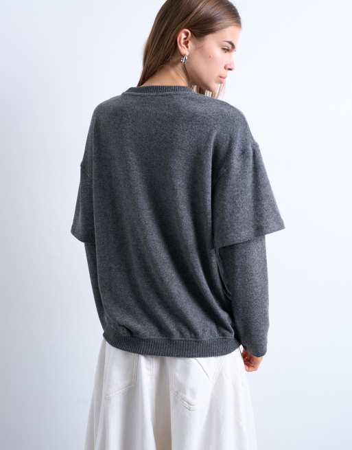 Topshop double layered pocket brushed T-shirt in charcoal gray, 3 of 4