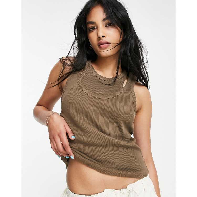 Topshop double layered ribbed tank top in chocolate | ASOS