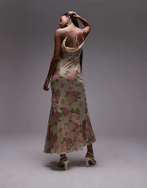 Topshop double layered satin and chiffon maxi slip dress in print ivory and pink rose