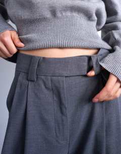 Model wearing Double pleat high rise wide leg trouser in charcoal