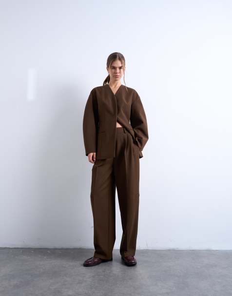 Topshop double pleated suit pants in brown - part of a set - view 1
