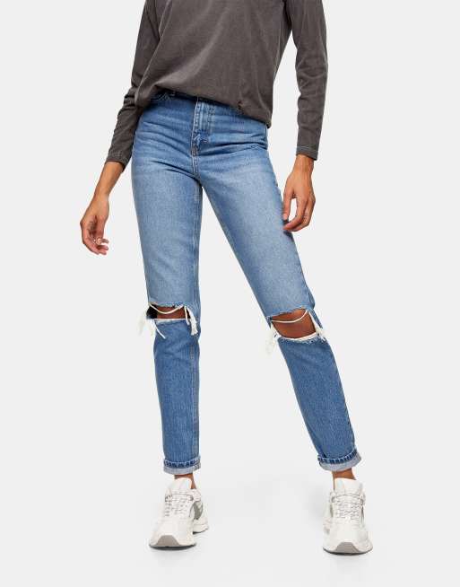 Topshop double ripped tapered mom jeans in mid blue | ASOS