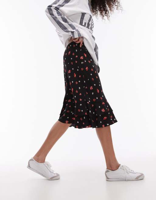 Black floral outlet knee length skirt